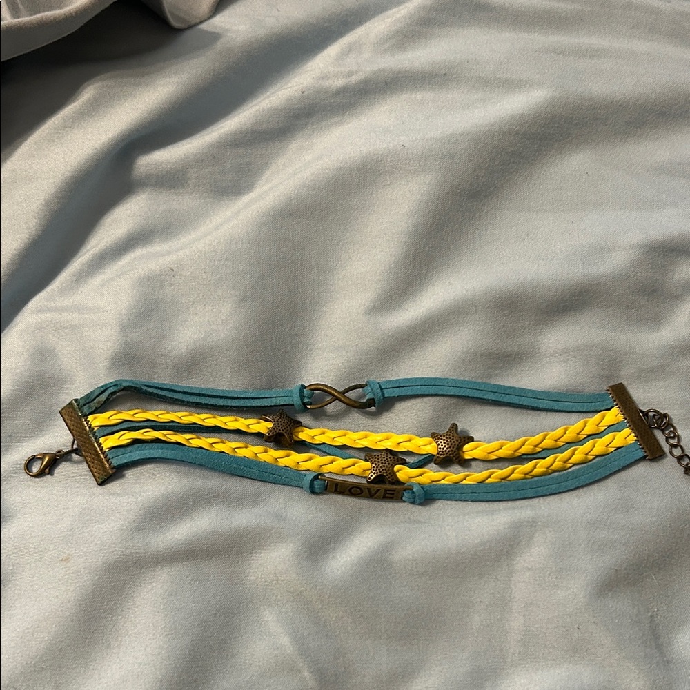 4/$20 Yellow and Teal “Love” Braided Bracelet: Brand New